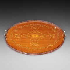 Bandeja de mayordomo eduardiana de caoba con marquetería