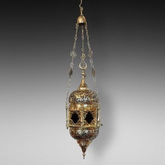 Early 20thC Brass and Stained Glass Moroccan Lantern