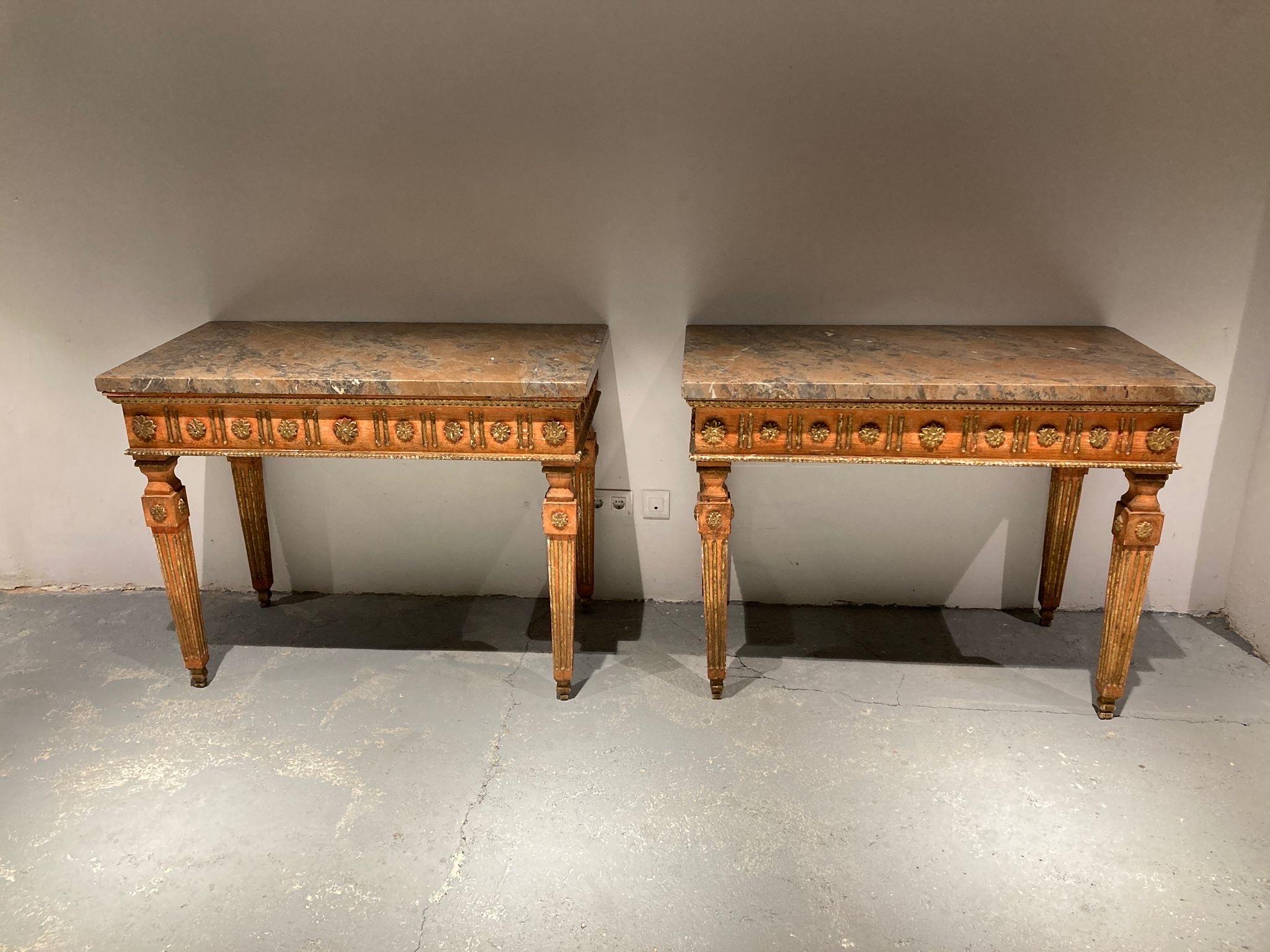 Pair of Neapolitan Consoles Neoclassical 18century in Polychrome Wood and Marble For Sale 3