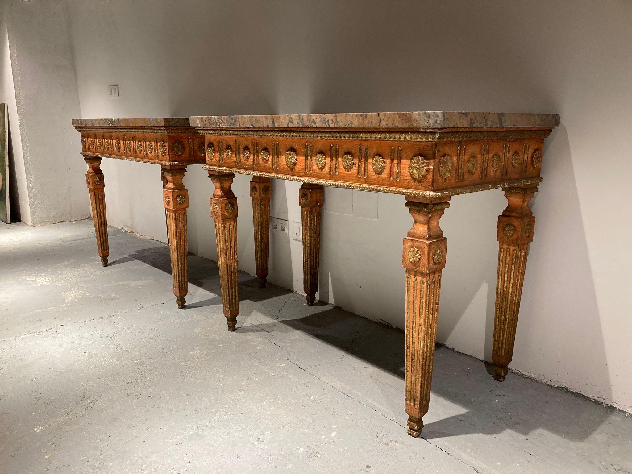 Pair of Neapolitan Consoles Neoclassical 18century in Polychrome Wood and Marble For Sale 4