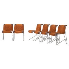 Mid-Century Modern Guido Faleschini, Set of 6 Orange Steel Chairs Upholstered