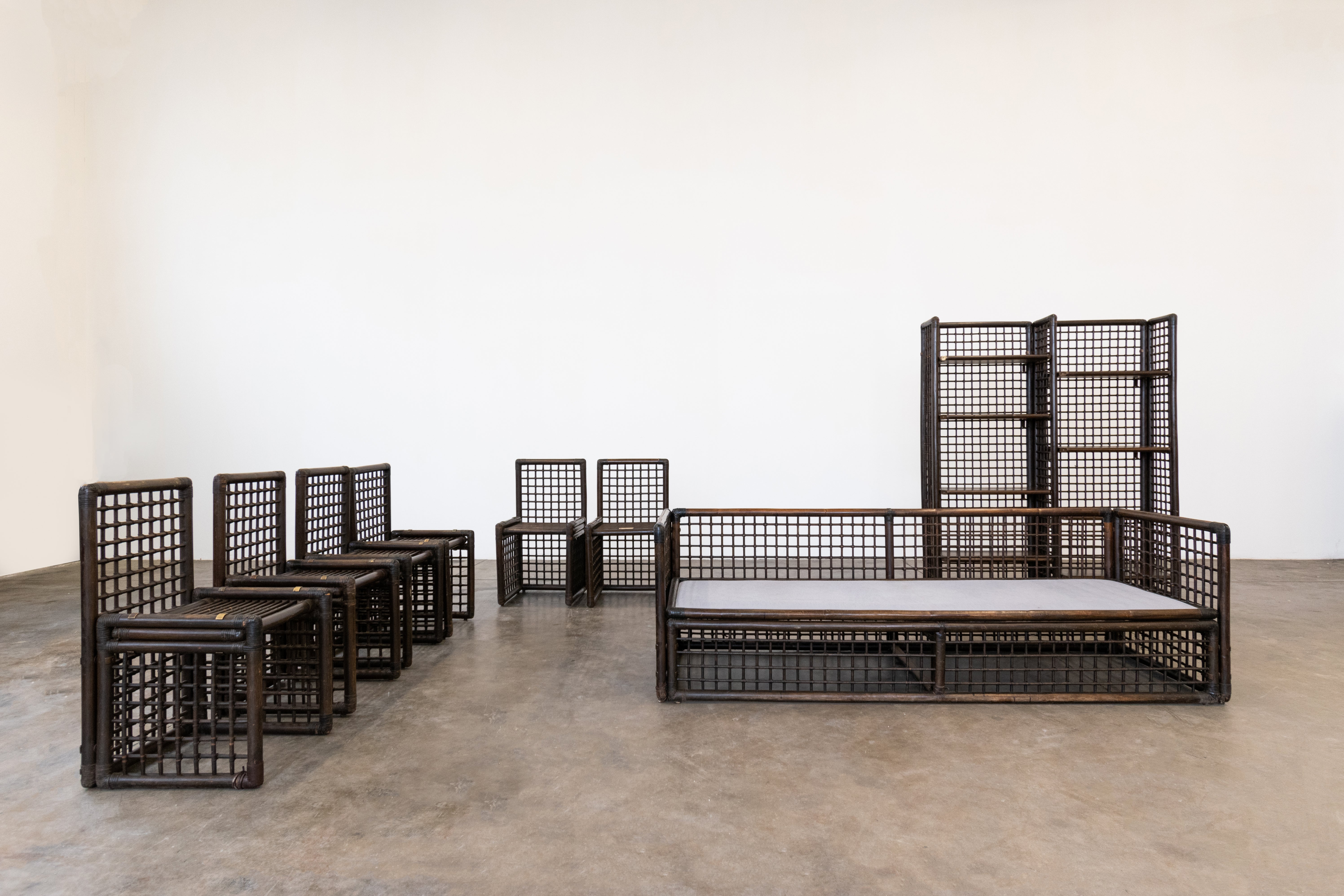 Basilian i Set by Afra and Tobia Scarpa Rattan Brass Bookcase, Chairs, Sofa For Sale