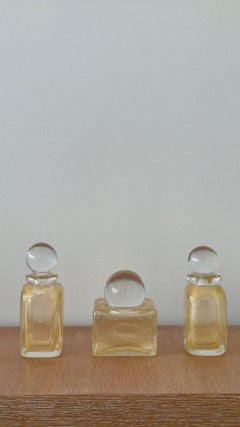 3 Vintage Golden Iridescent Glass Bottles with Sphere Stoppers 70's, Italy