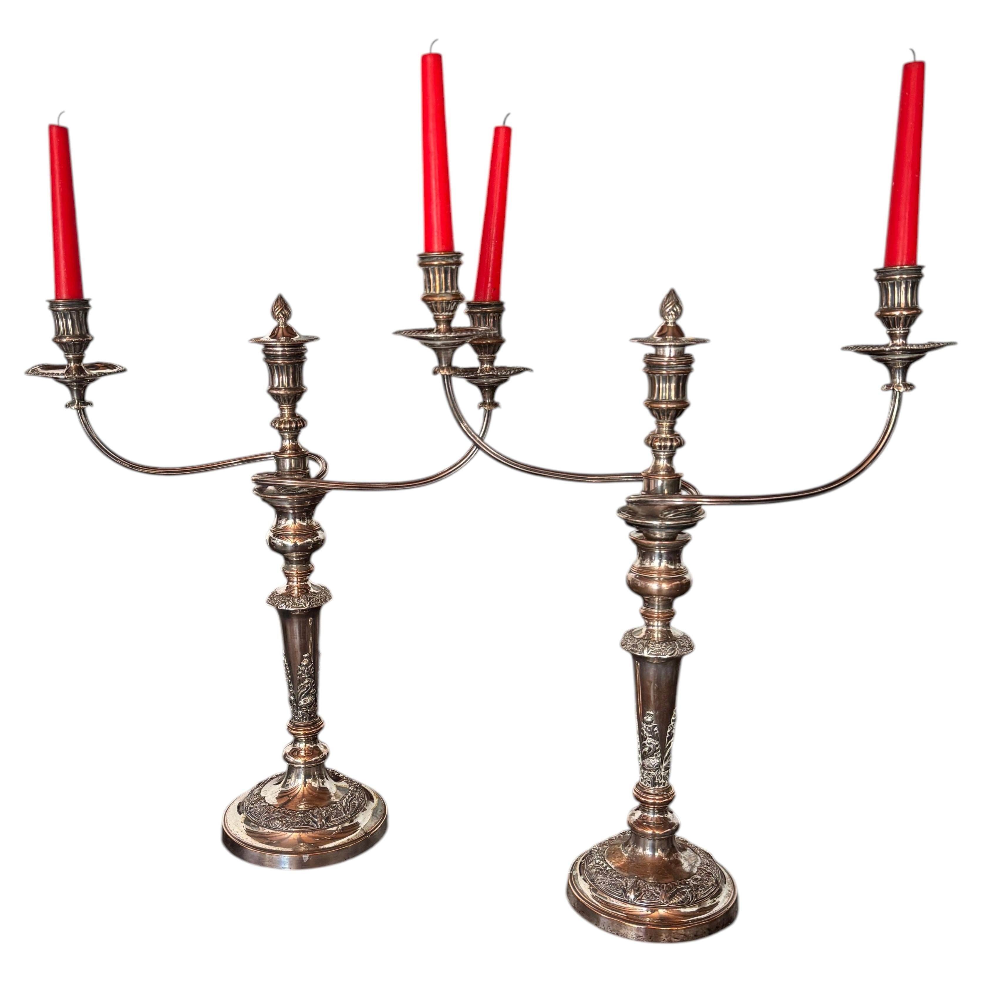 Pair of two armed Sheffield plate candlesticks attributed to Matthew Boulton For Sale