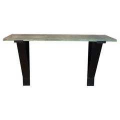 Mesa consola francesa de Saint-Gobain, con tablero de cristal y soportes de hierro, para colgar en la pared