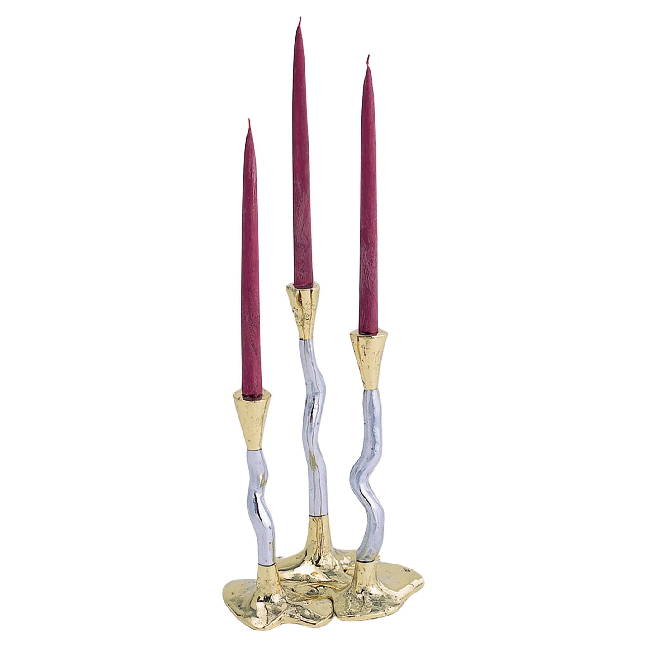 Puzzle 3 Pieces Candelabra Solid Cast Aluminium and Brass Handmade  For Sale