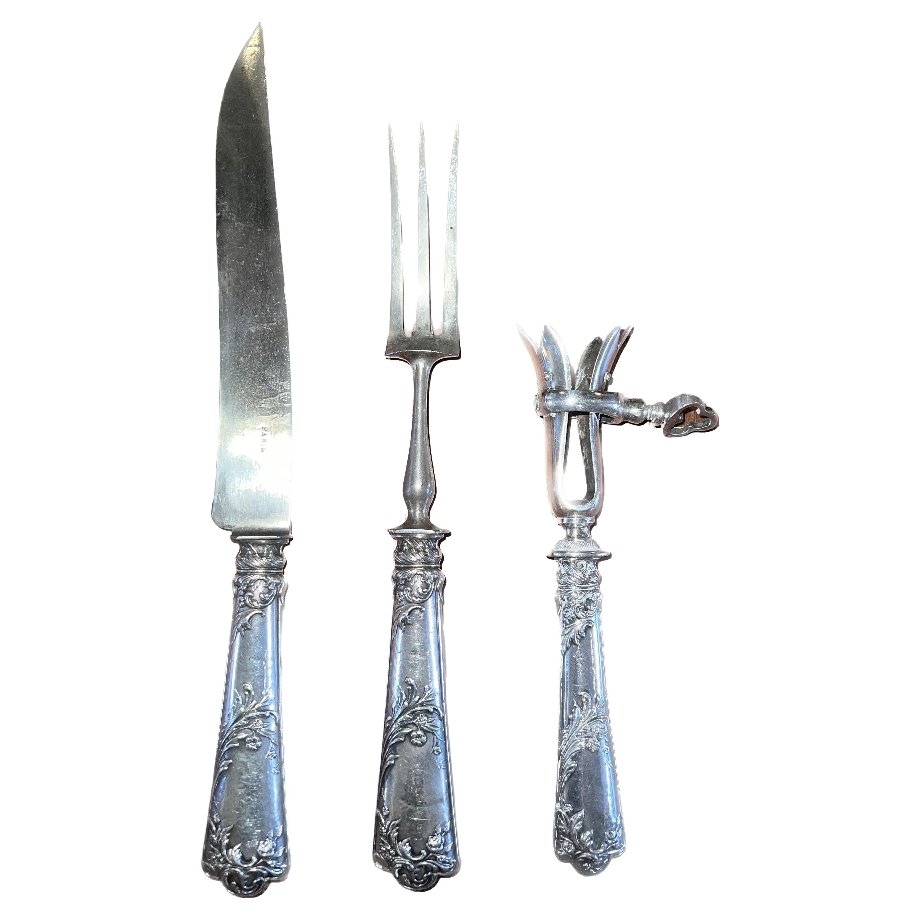 19th C. French Sterling Silver Carving Set with Stand (Fork, Knife, Bone Holder)