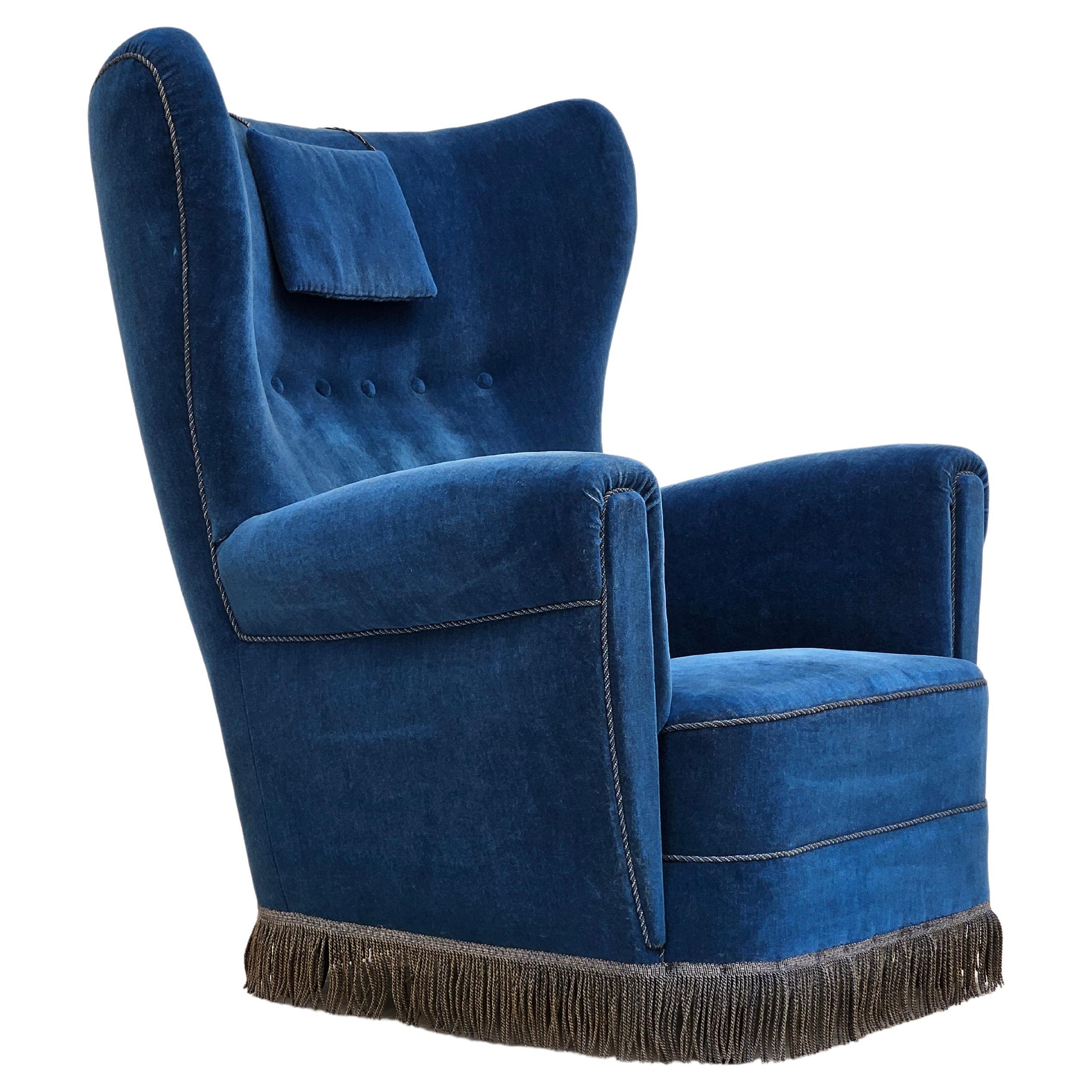 Fauteuil de relax danois à dossier haut des années 1960, état d'origine, velours de meuble