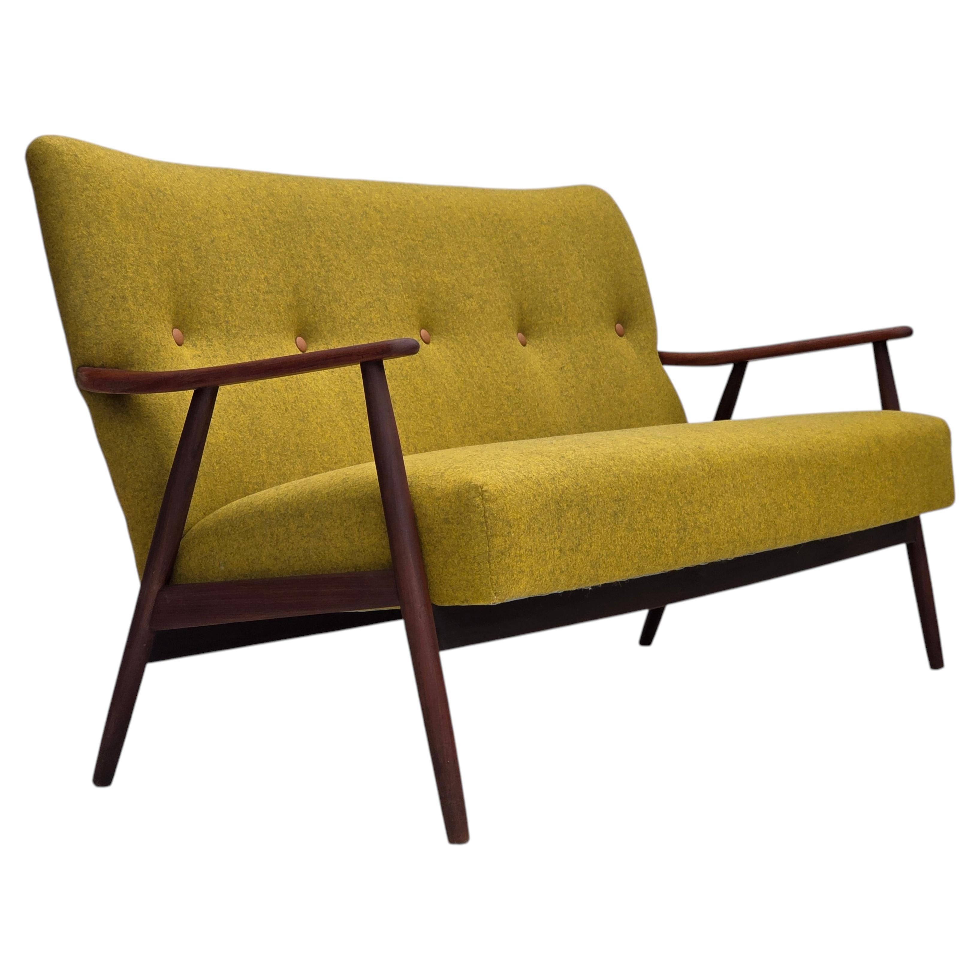 1960s, Danish 2-seater sofa, furniture wool, teak wood, reupholstered. For Sale