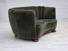 1960s, Danish 2-seater curved sofa, furniture velour, oak wood.