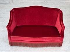 1970s, Danish 2-seater sofa, red furniture velour, ash wood legs.