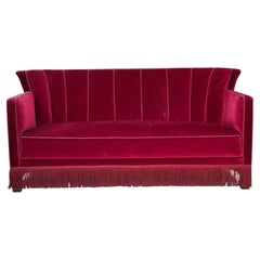 1960s, Danish 2-seater sofa, red furniture velour, ash wood legs.