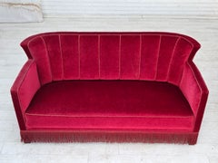 1960s, Danish 2-seater sofa, red furniture velour, ash wood legs.