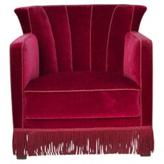 1960s, Danish relax armchair, red furniture velour, ash wood legs.