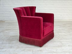 1960s, Danish relax armchair, red furniture velour, ash wood legs.