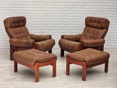 1970s, Swedish design, armchair with footstool, furniture leather.