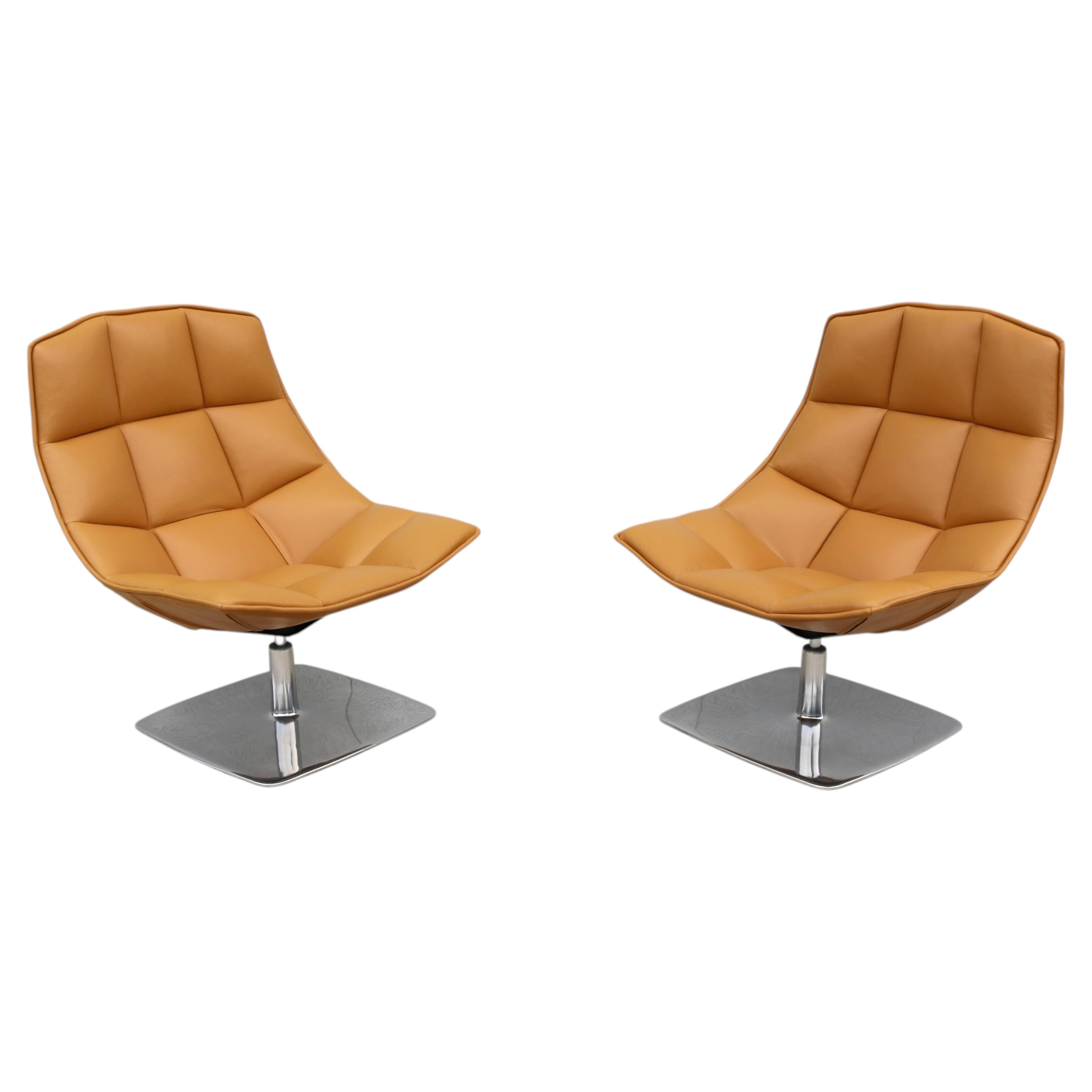 Modern Contemporary Knoll Jehs+Laub Swivel Lounge Chairs in Tan Leather - a Pair For Sale