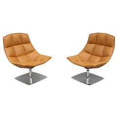 Modern Contemporary Knoll Jehs+Laub Swivel Lounge Chairs in Tan Leather - a Pair