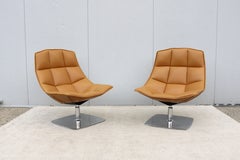 Modern Contemporary Knoll Jehs+Laub Swivel Lounge Chairs in Tan Leather - a Pair