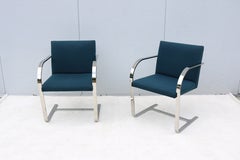 Mies van der Rohe Brno Flat Bar Style Chairs in Blue Fabric by Gordon, a Pair