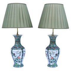 Chinese Porcelain Baluster Vase Table Lamps 19th-Century Famille Verte, a Pair