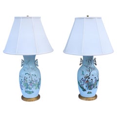 1920s Antique Chinese Famille Rose Porcelain Baluster Vase Table Lamps, a Pair