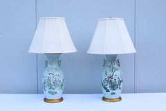 1920s Antique Chinese Famille Rose Porcelain Baluster Vase Table Lamps, a Pair