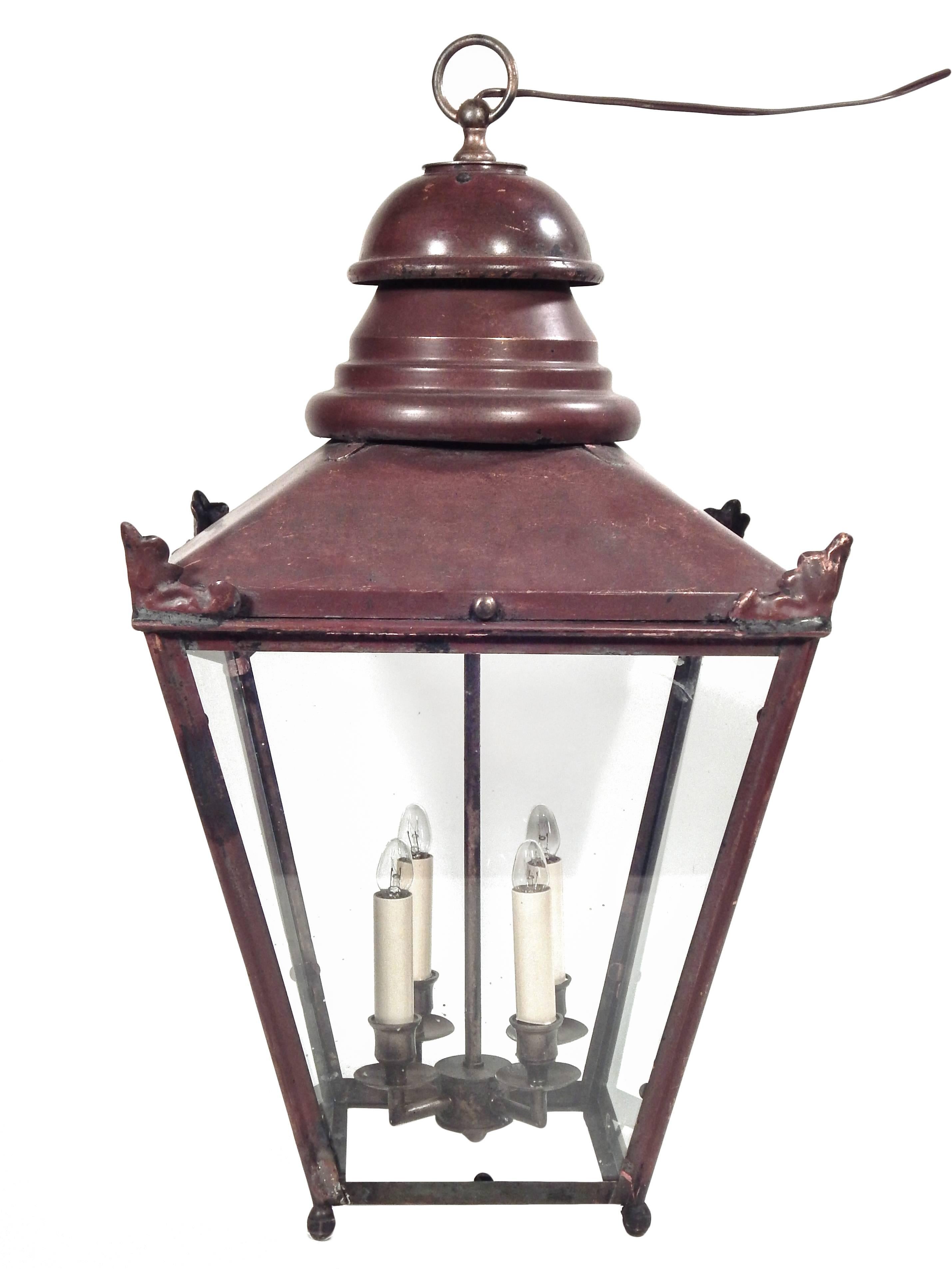Pair of large French copper lanterns with beautiful age patina.
