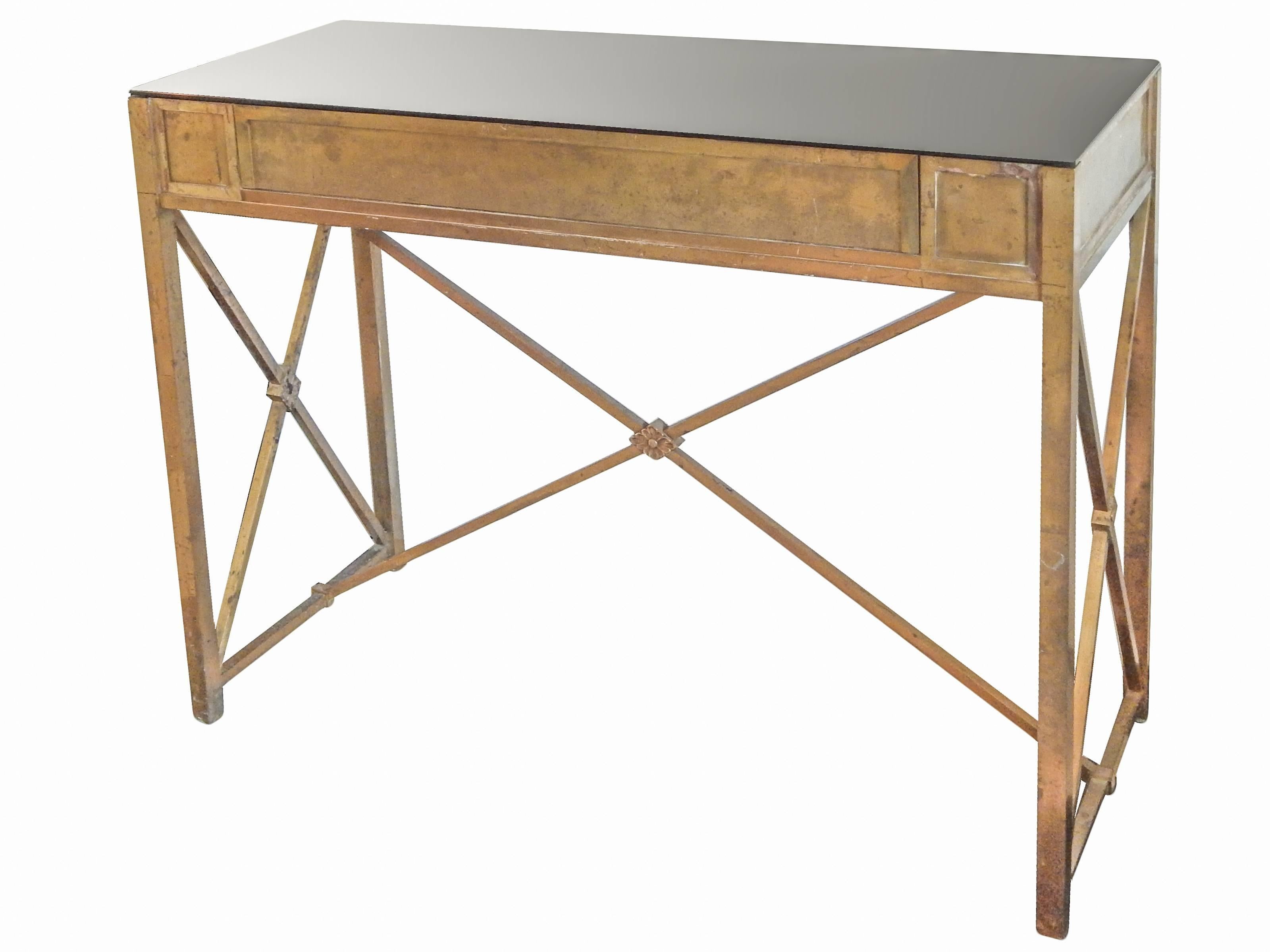 20th Century Bronze Console with Black Glass Top