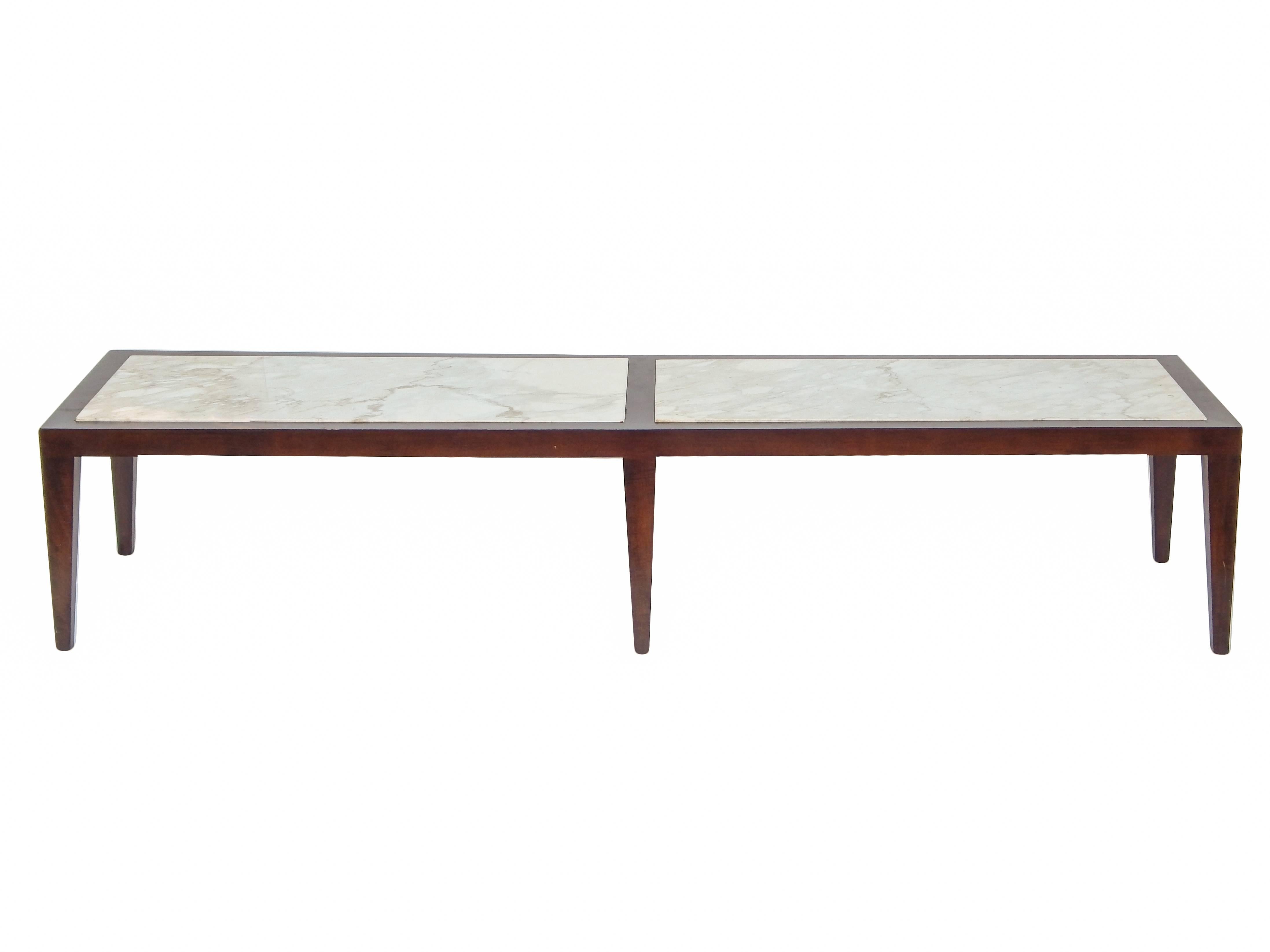 Harvey Probber style marble-top coffee table with dark wood frame.
