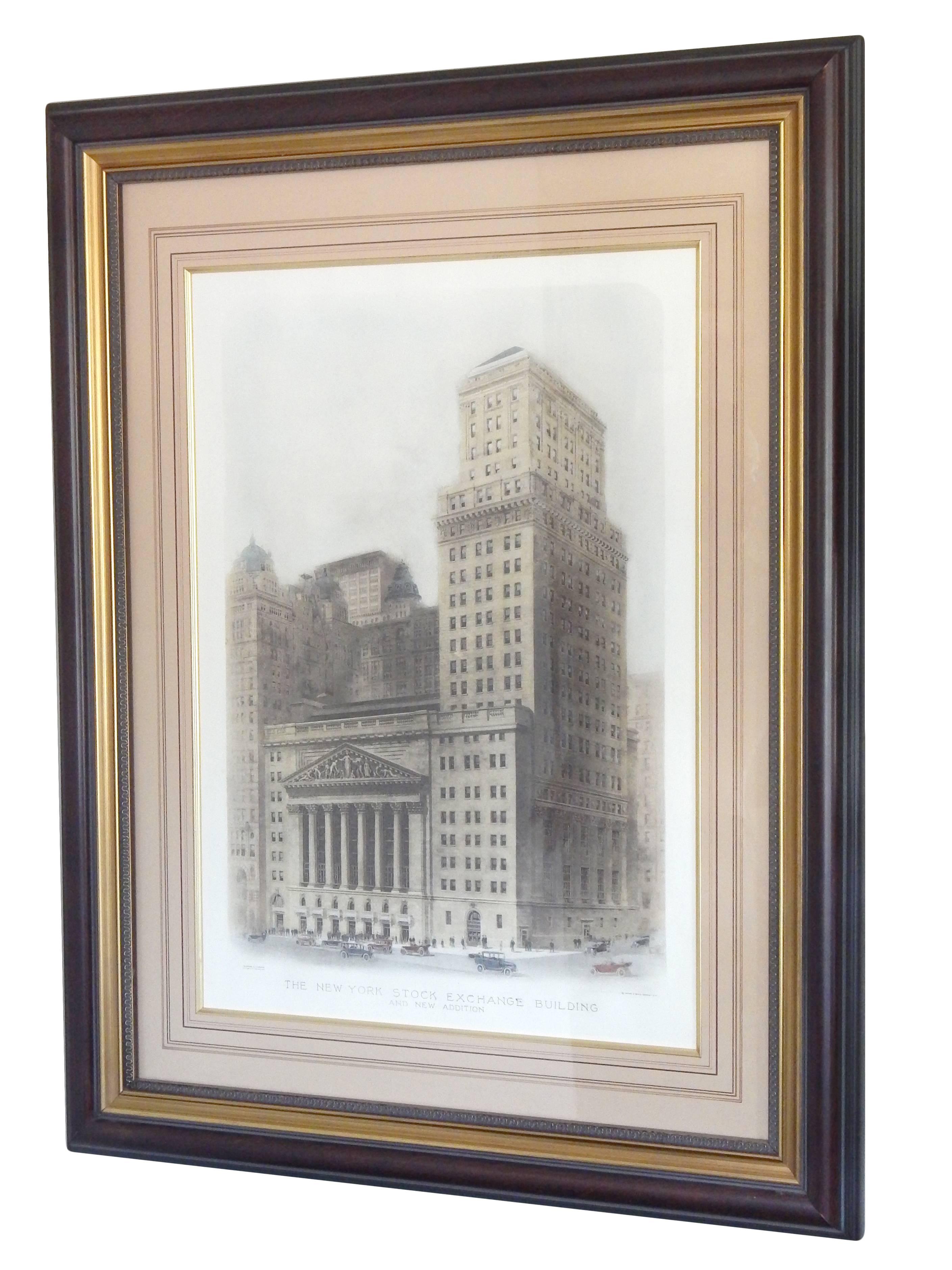 Hand colored etching of the New York Stock Exchange 1922 in original framing.