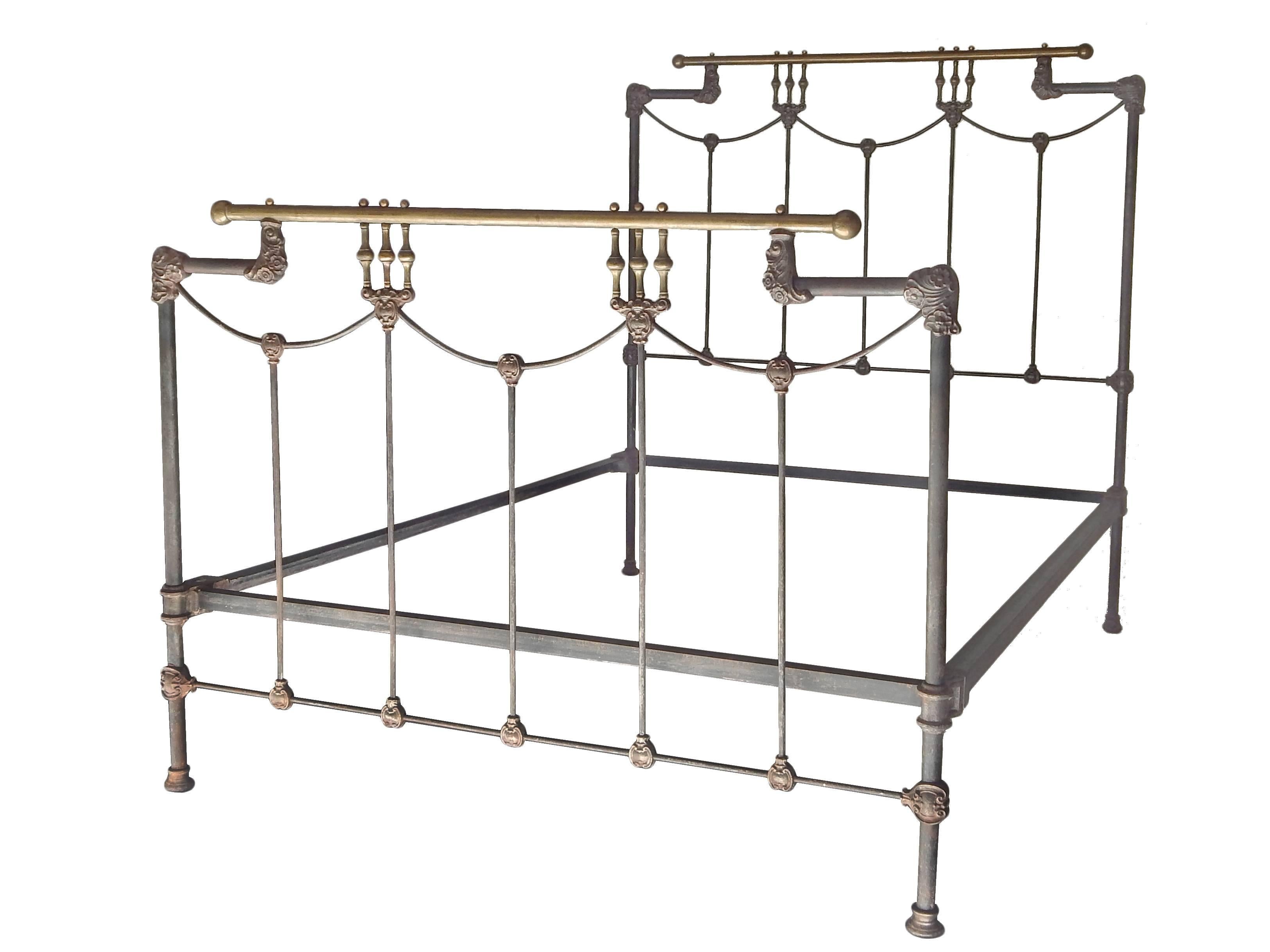 Ornate iron and brass full bed.
Foot board: 41 1/2 high.
Interior 54 x 75 = Full size.