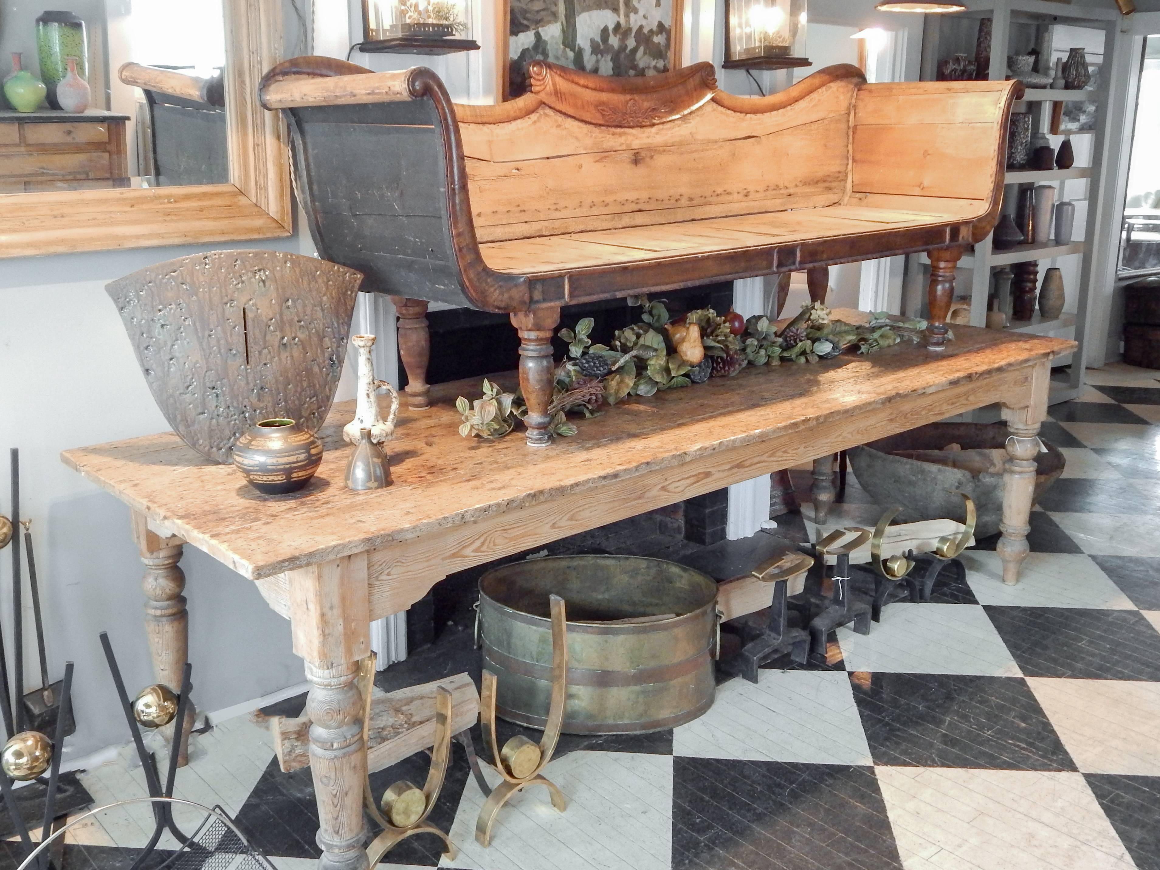 Long French farm table with wonderfully aged top.