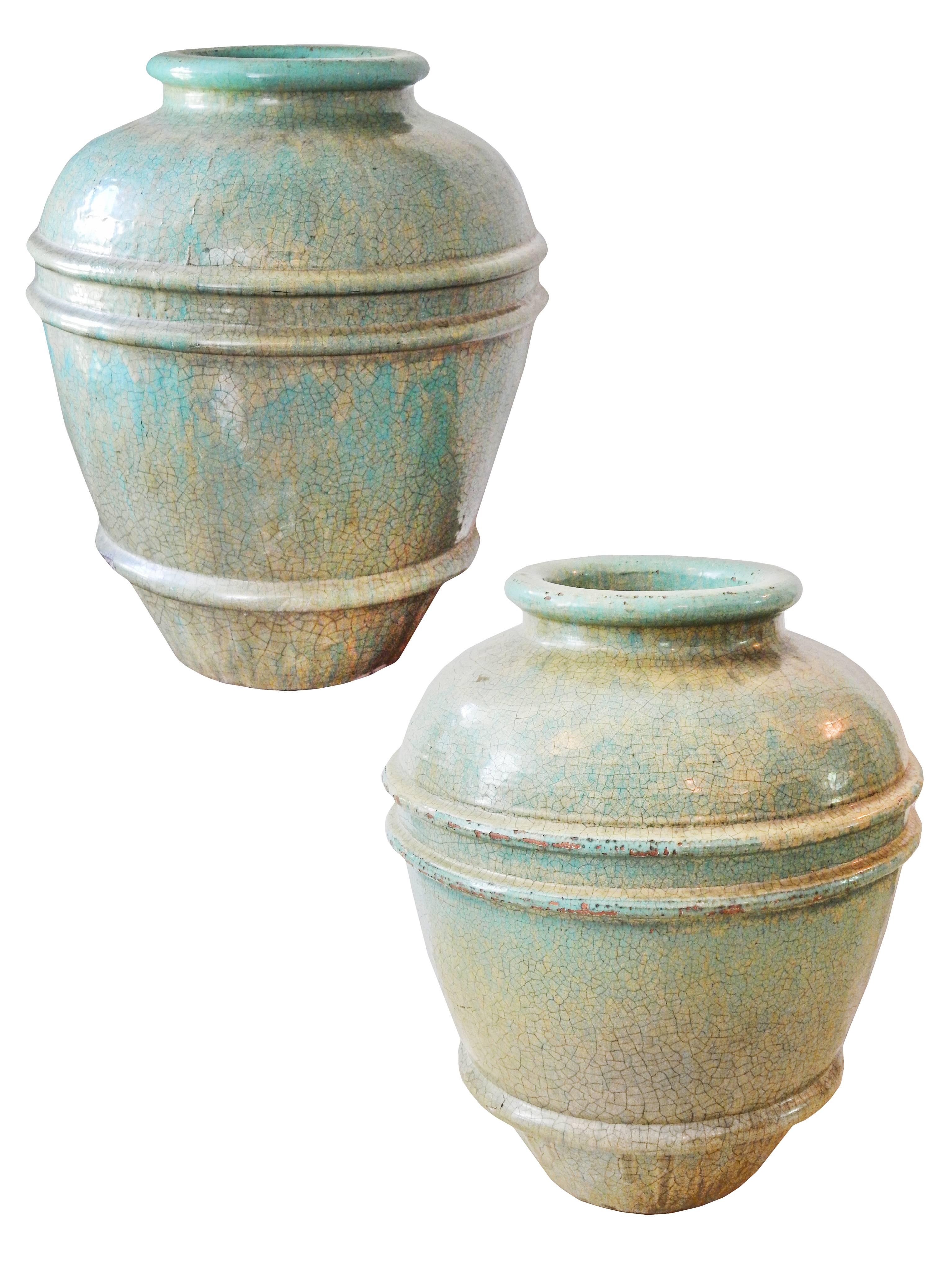 Glazed Pair of Large Urn Planters in the Manner of Galloway For Sale