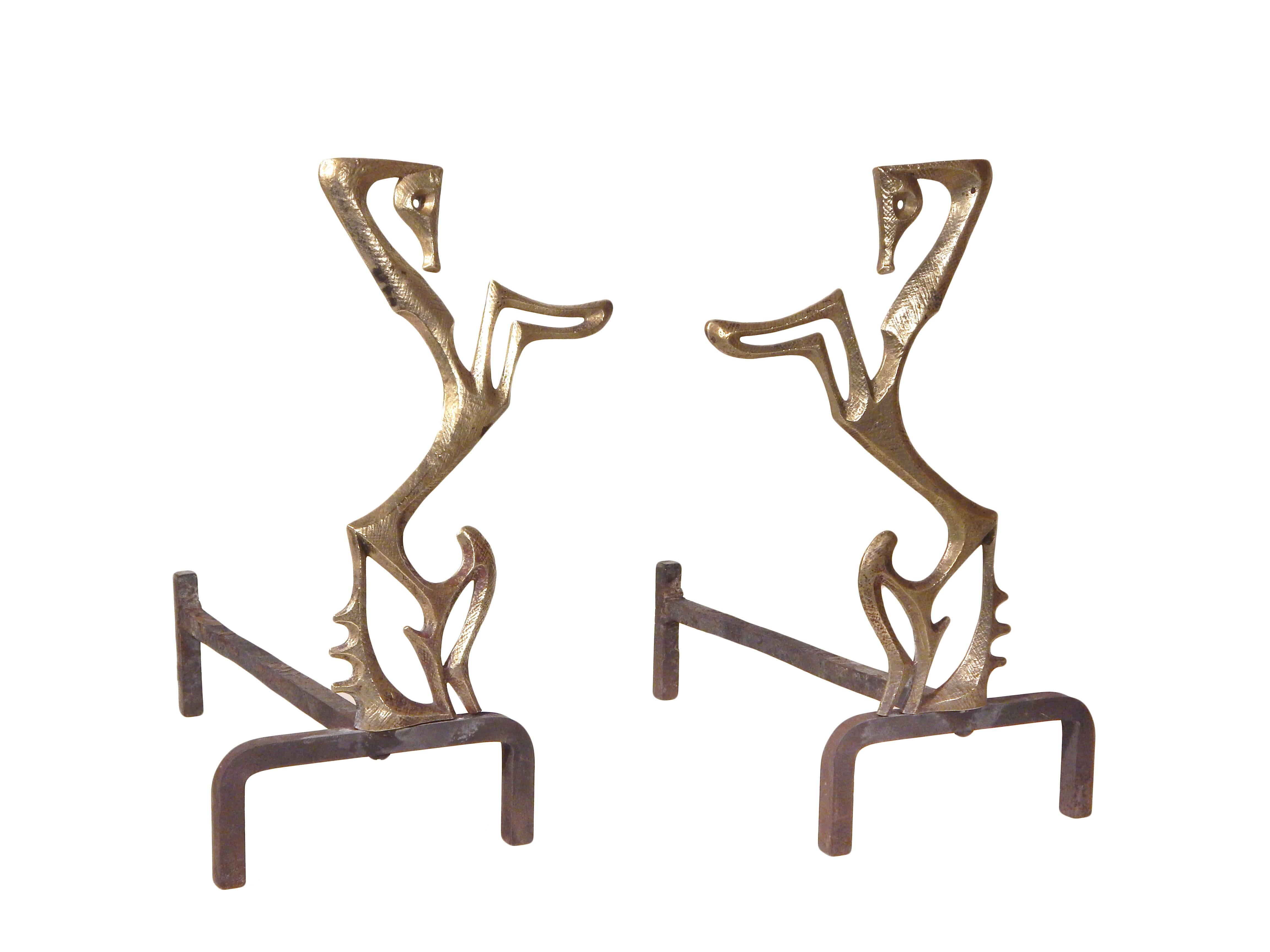 Mid-Century Modern Rare Frederick Weinberg Horse Andirons For Sale
