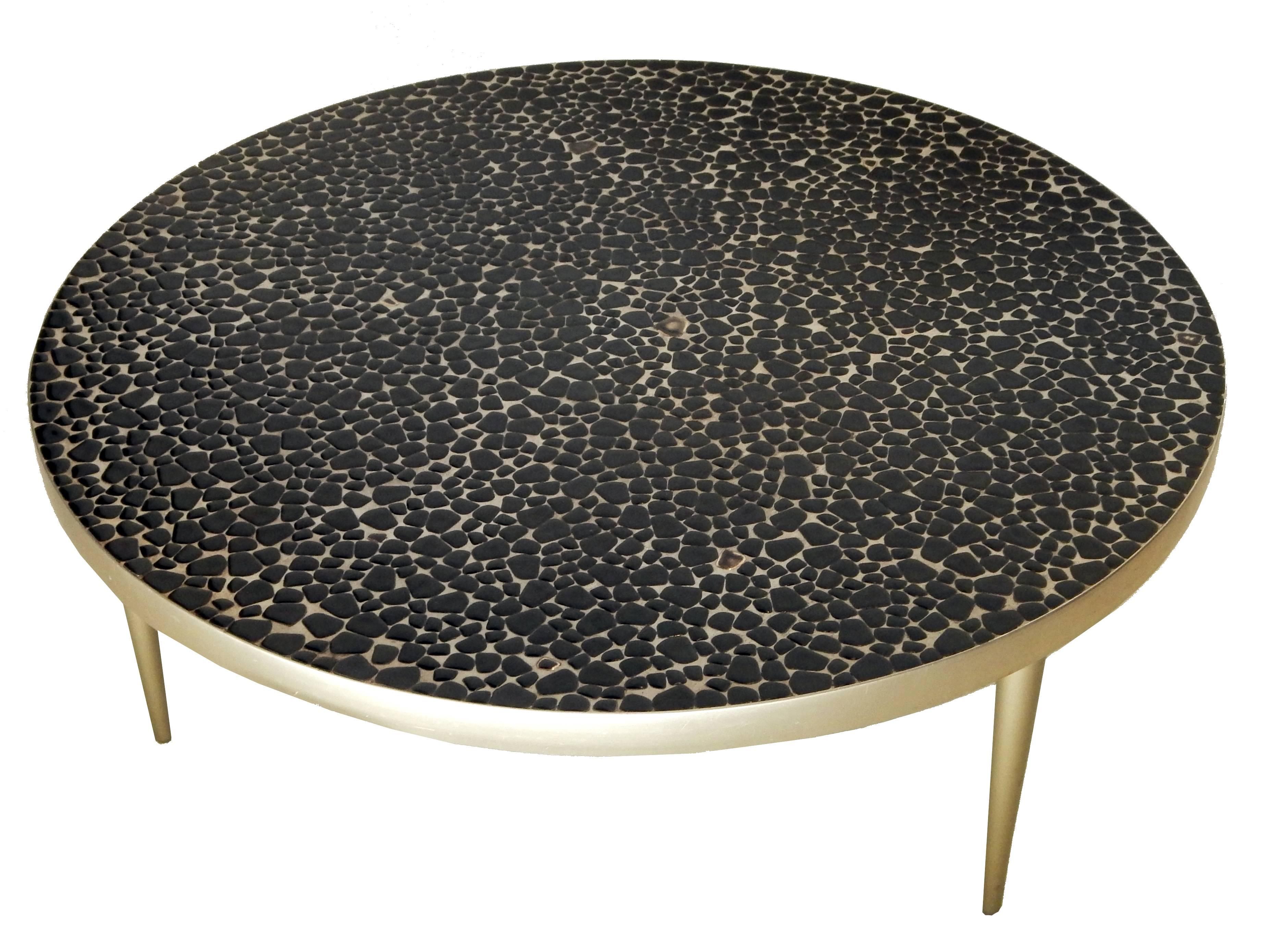 Round mosaic tile Mid-Century coffee table with brushed aluminum legs.