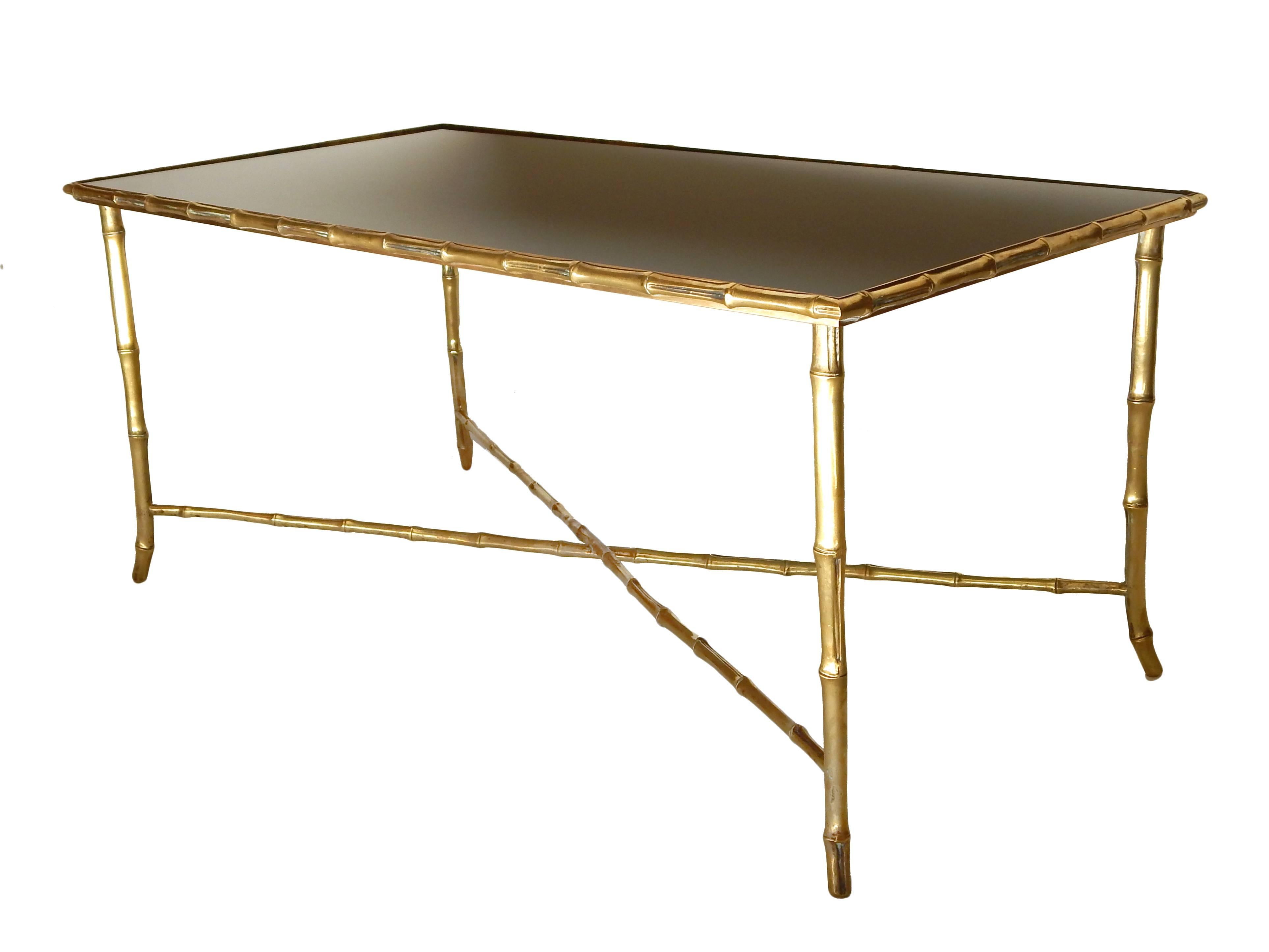 Mid-Century Modern Brass Bagues Style Faux Bamboo Coffee Table For Sale