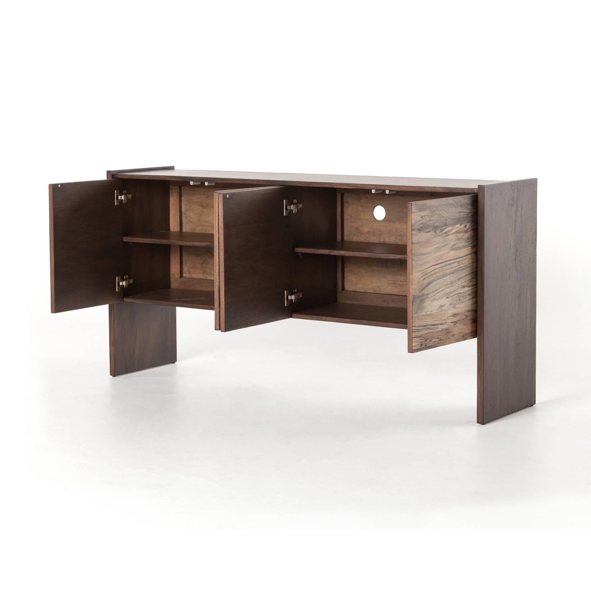 Modern media sideboard, spalted primavera wood is supported by a contrasting frame of chocolate saman wood.
Dimensions: W 65