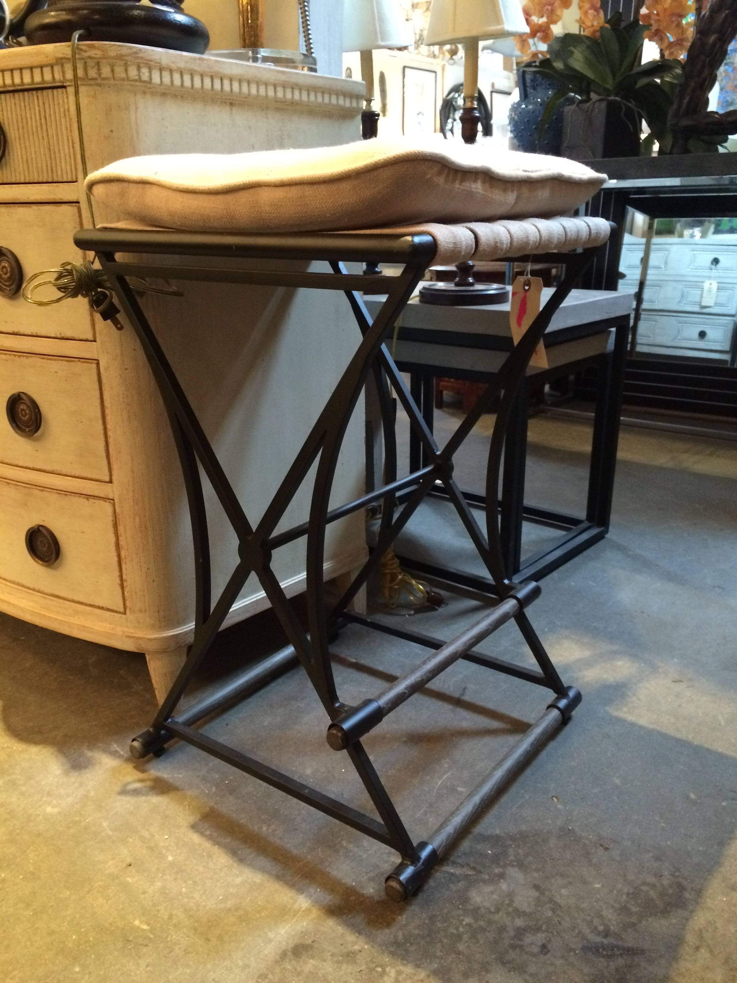 Contemporary Chamois Linen and Iron Counter Stool For Sale