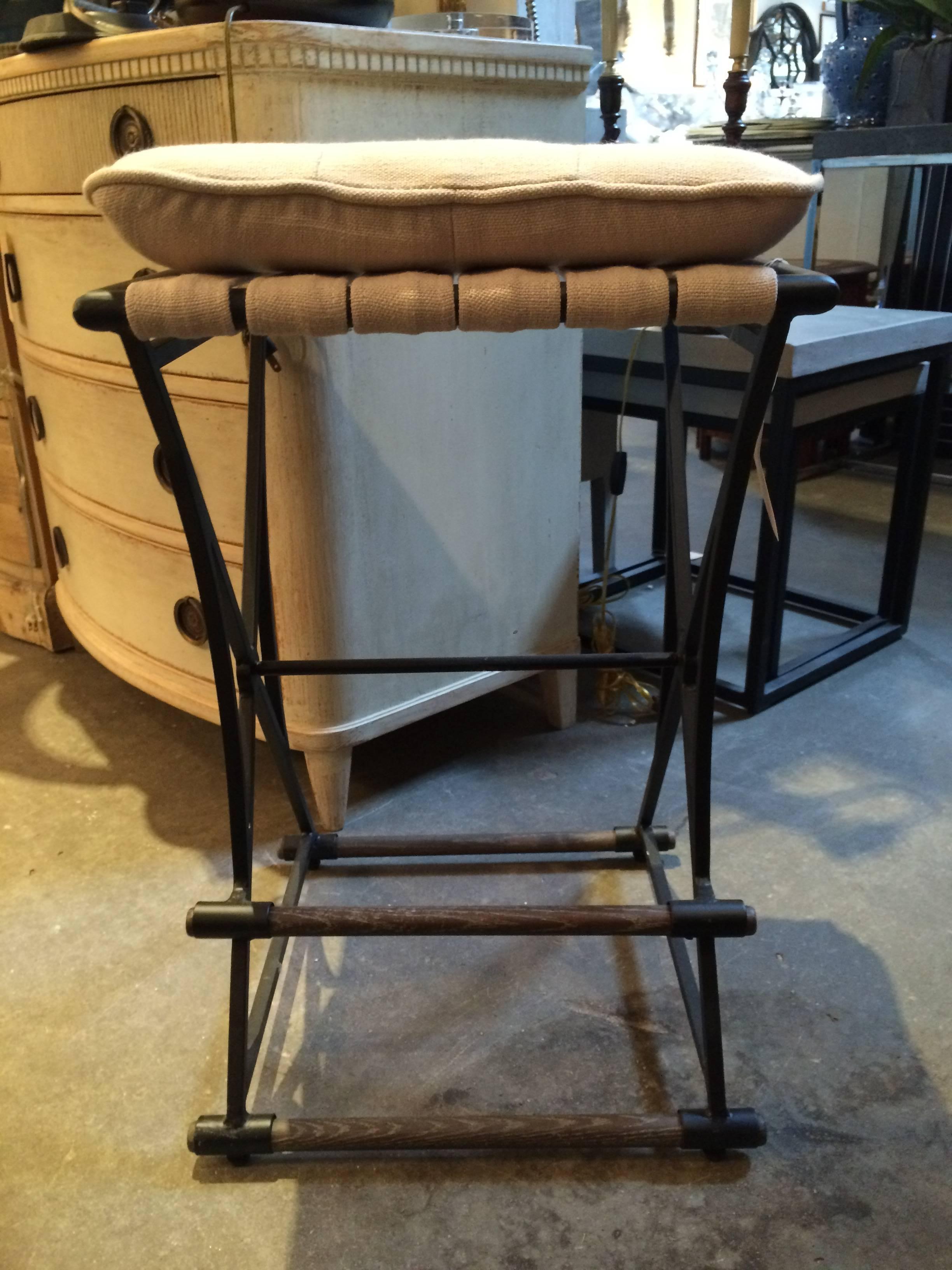 Chamois Linen and Iron Counter Stool In Good Condition For Sale In Bridgehampton, NY