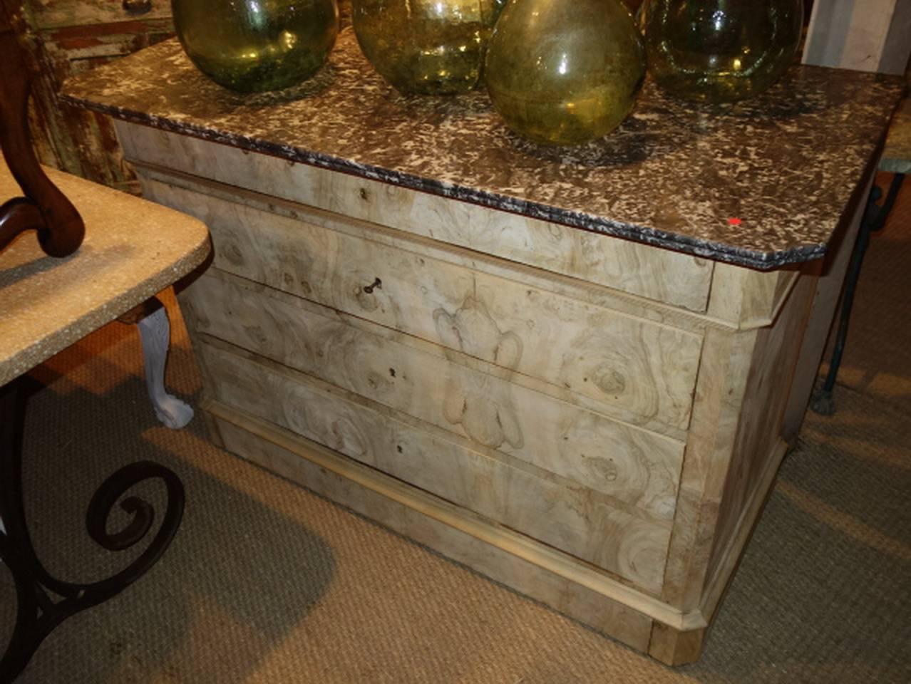 French Louis Phillipe dresser, in bleached burl walnut and original marble top.

NB: 1.18.16 this piece has sold but see other images here of latest stock arriving soon.
$ 5800 each
slightly larger, 52w x 36/37