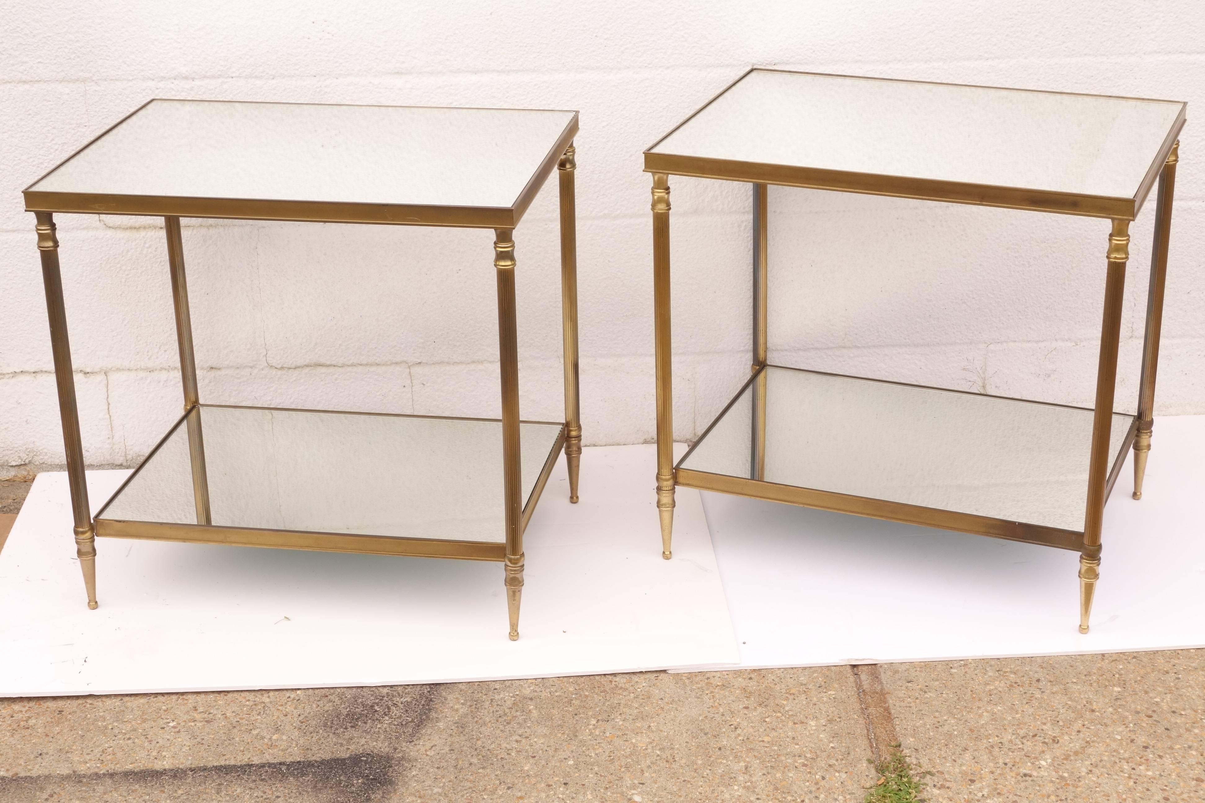 Side tables with mirrored tops and shelf, French, circa 1930. Directoire Style.