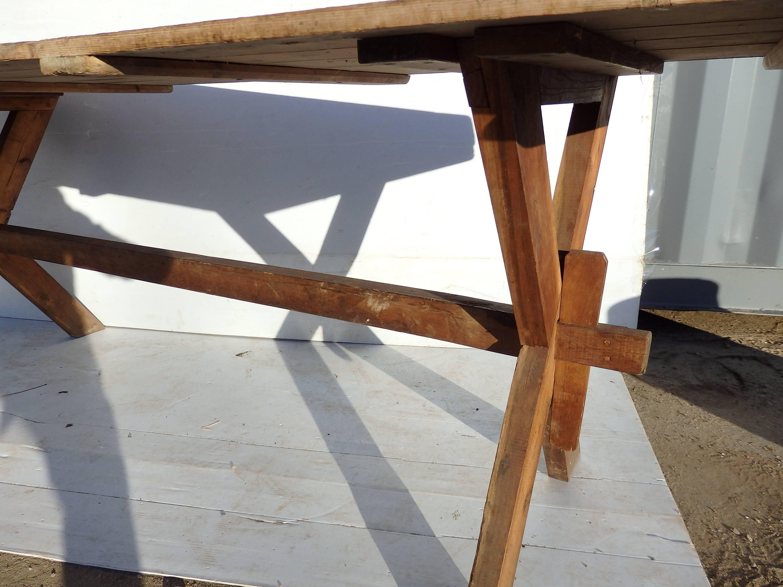 Large pine Trestle Table In Good Condition For Sale In Bridgehampton, NY