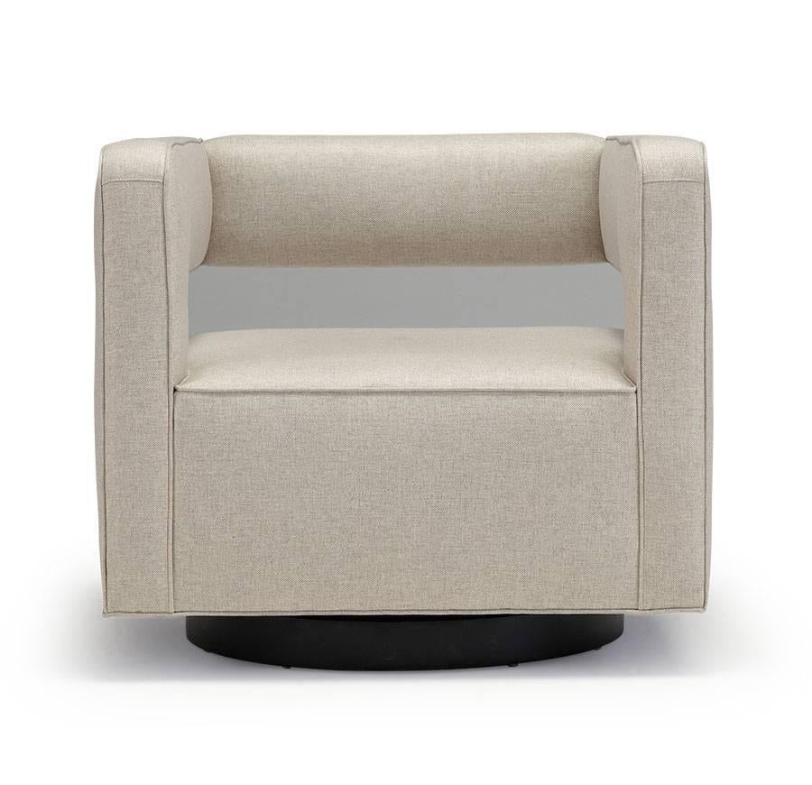 Sleek Swivel chair on wooden base in a 60's inspired design, very comfortable with 360 degree swivel.. in stock and to order, lead time up to 8 weeks. pricing depends on fabric choice, available to view in both stores. made in the USA
also