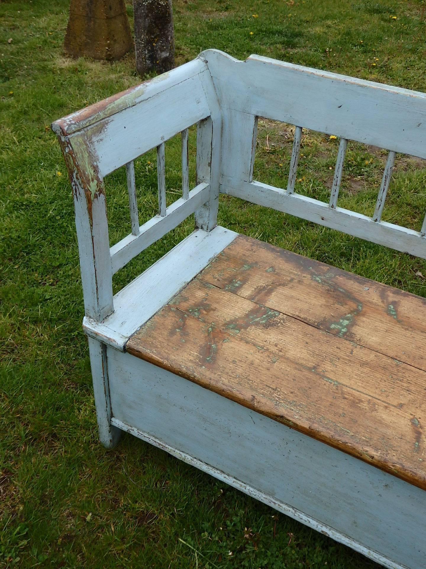 19th century painted Swedish storage bench in old blue paint, circa 1890.