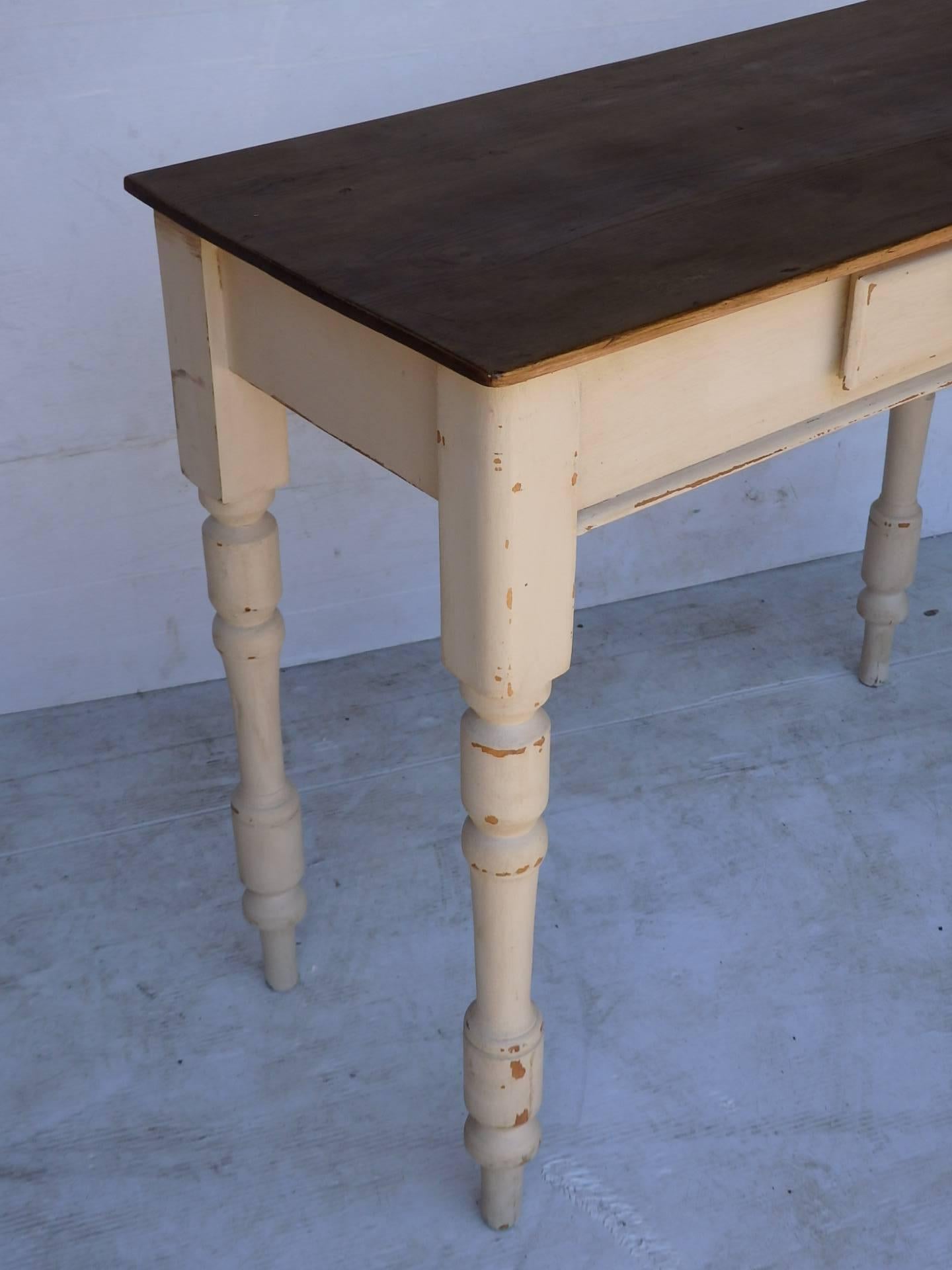 English painted desk with one small drawer, old paint, natural pine top.