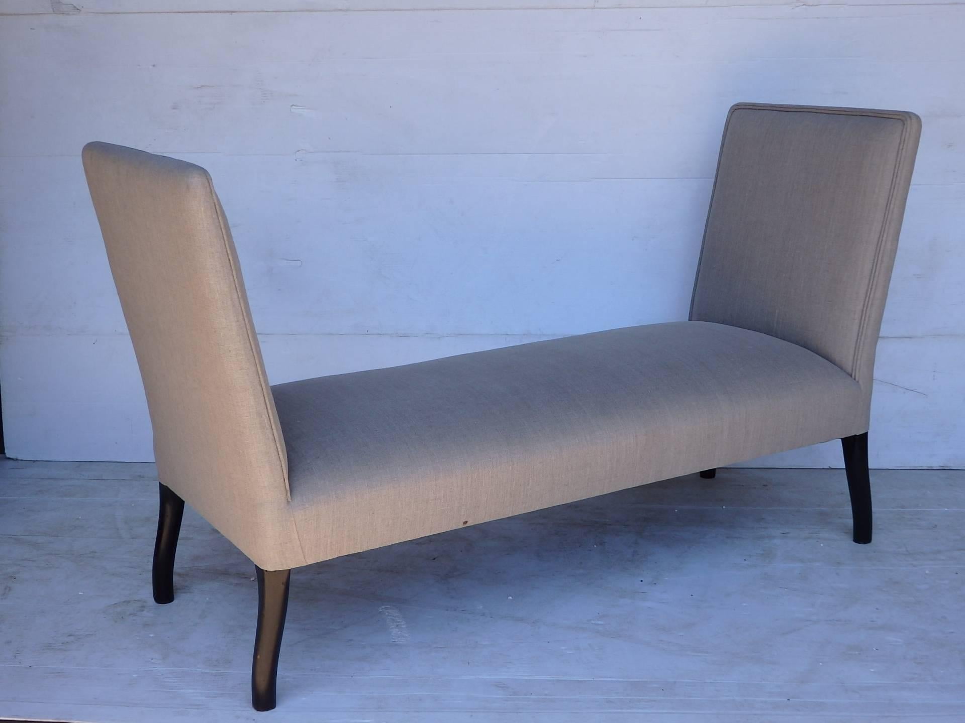 Pair of English seats, newly upholstered in grey linen.
