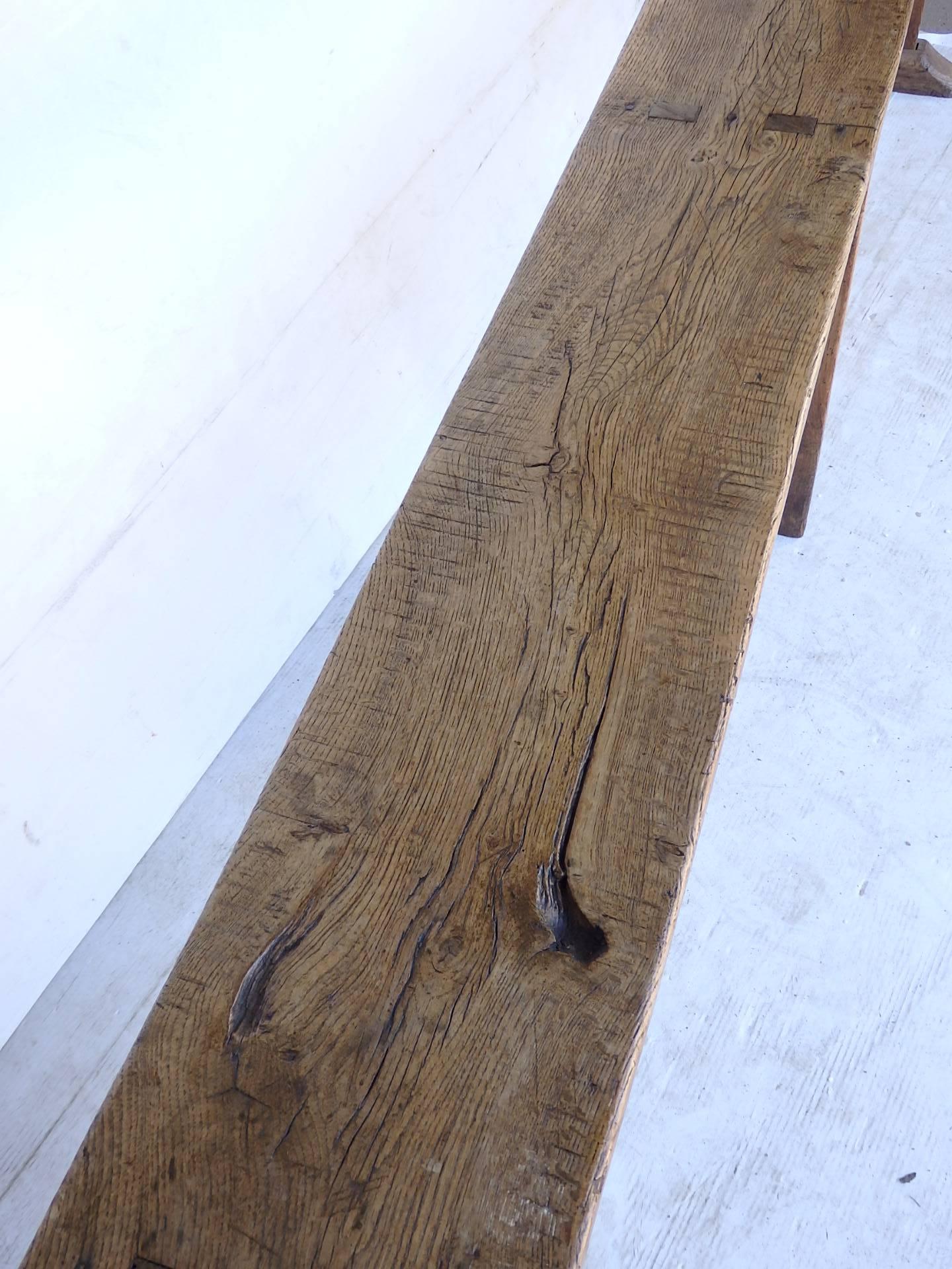 Long oak bench, lovely original patina, sturdy and heavy.