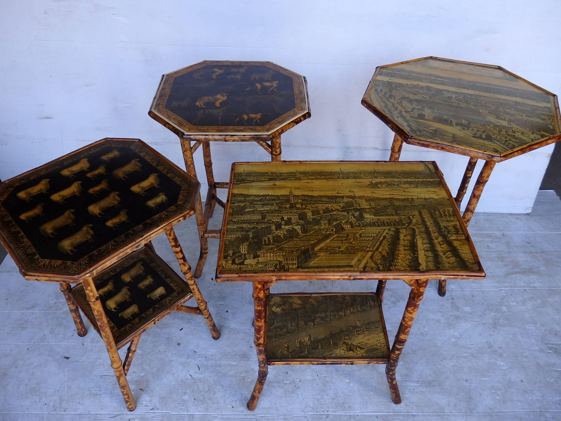 Latest collection of antique bamboo tables with later applied decoupage of animals and maps etc. variety of sizes and styles. Can locate sizes and designs to order. from $600 - $ 875 each.