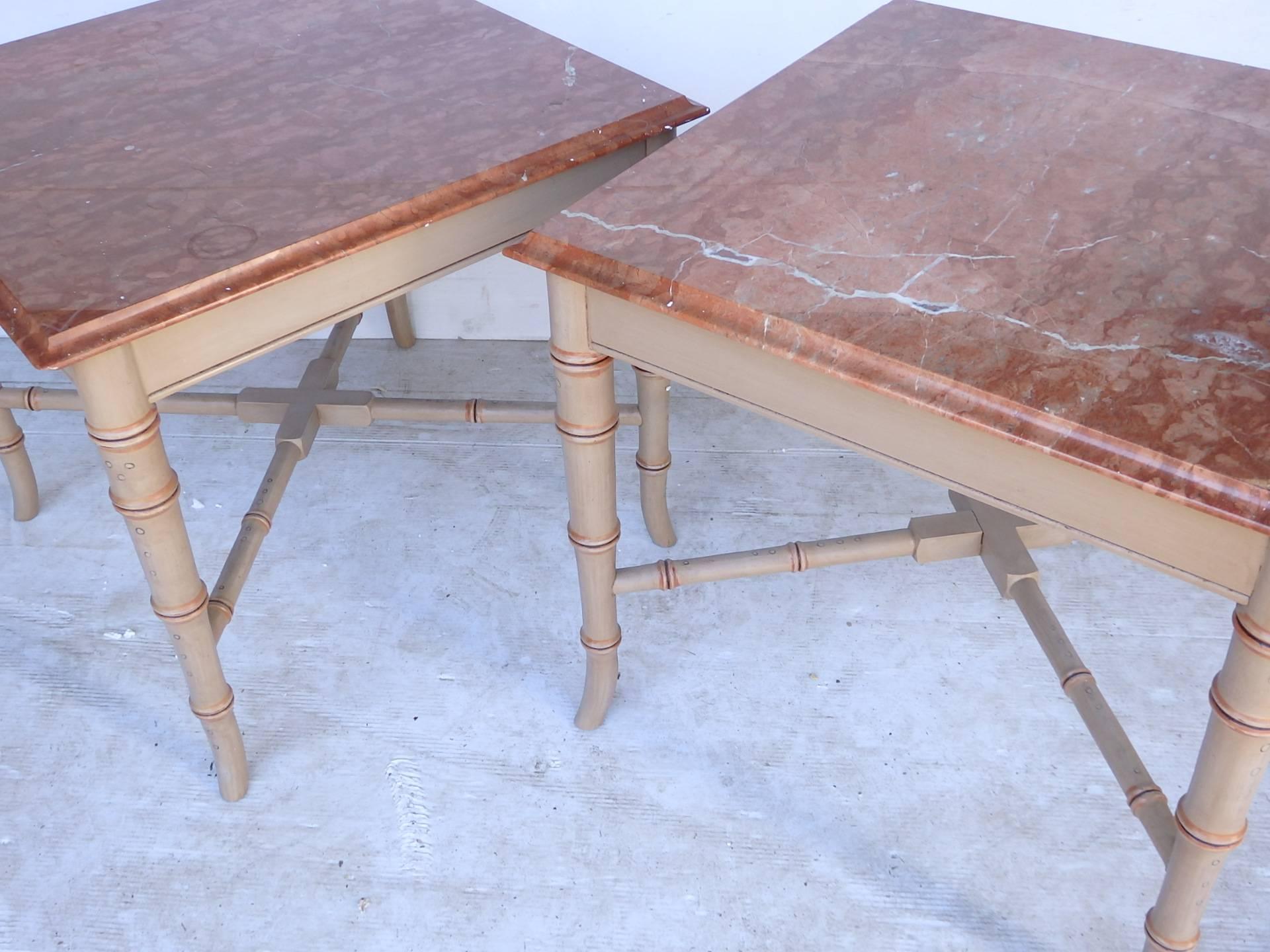 Pair of French faux bamboo side tables with original marble tops, original paint,
circa 1940.